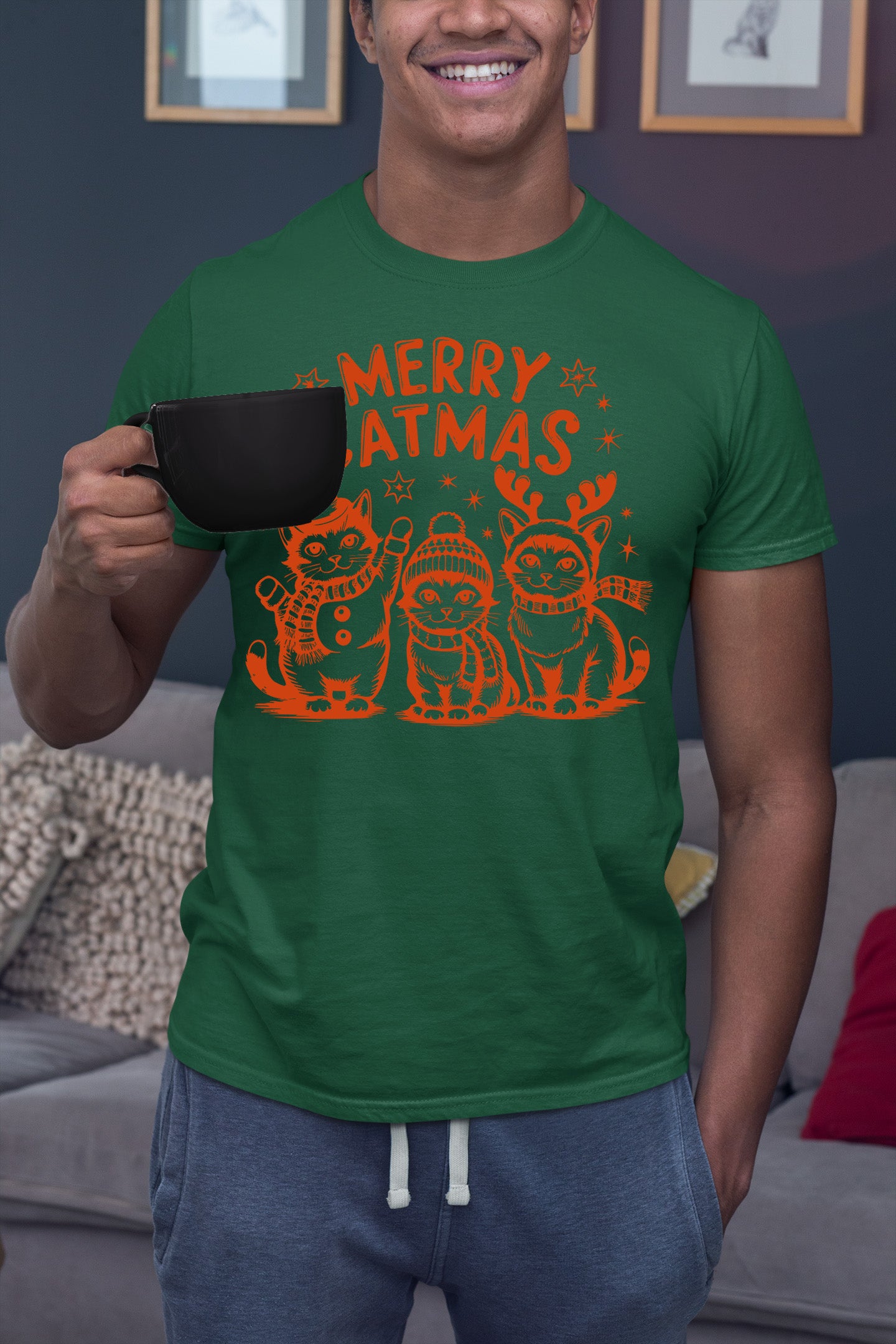 Merry Catmas Christmas Cat Art - Festive Holiday Gift for Cat Lovers - Whimsical Feline Artwork T-Shirt
