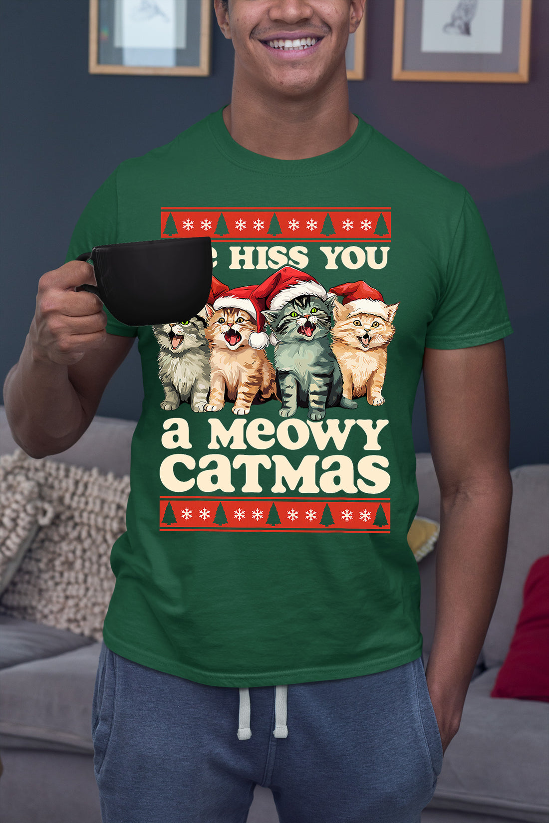 We Wish You a Meowy Christmas – Festive Cat Holiday Greeting for Season's Cheer, Cute Feline Themed Artwork T-Shirt