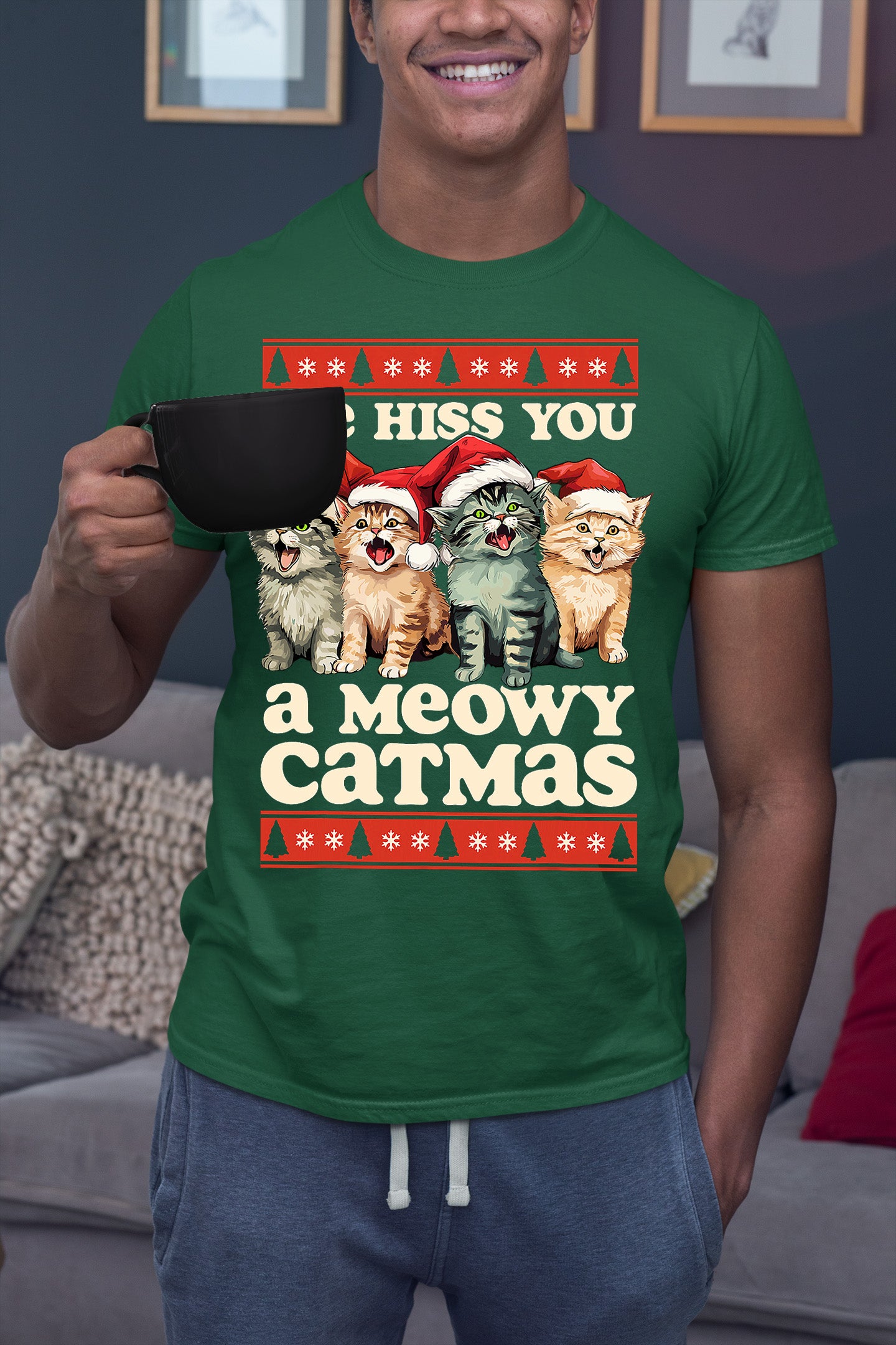 We Wish You a Meowy Christmas – Festive Cat Holiday Greeting for Season's Cheer, Cute Feline Themed Artwork T-Shirt