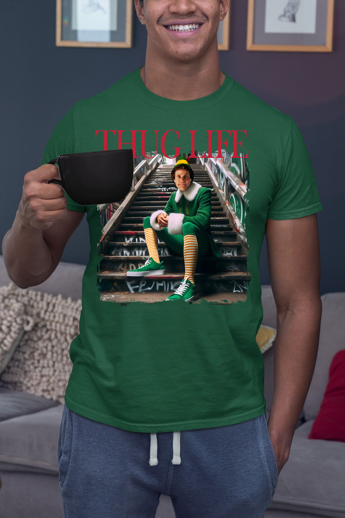 Thug Life Elf on the Streets | Christmas Humor, Naughty Elf Vibe, Festive Season Style, Holiday Laughs Gift Idea T-Shirt