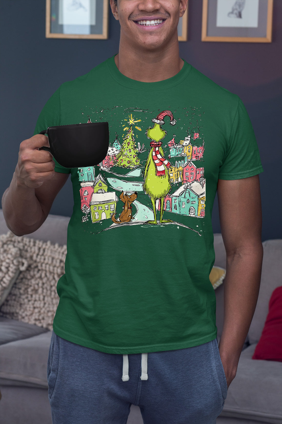 Line Drawing Christmas Illustration - Minimalist Holiday Scene, Nordic Christmas Art, Cozy Winter Gift T-Shirt