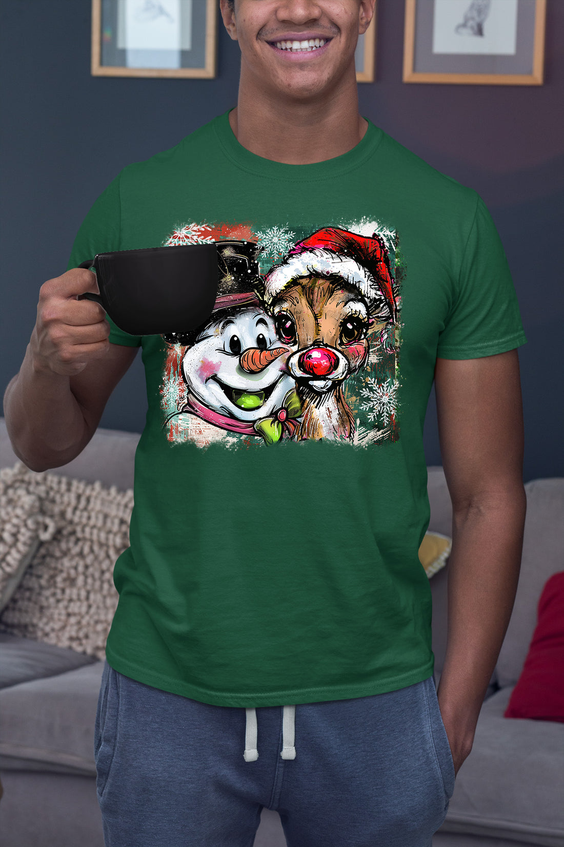 Christmas Raindeer with Snowman Scene, Cozy Winter Holiday Craft, Handmade Seasonal Gift Idea T-Shirt