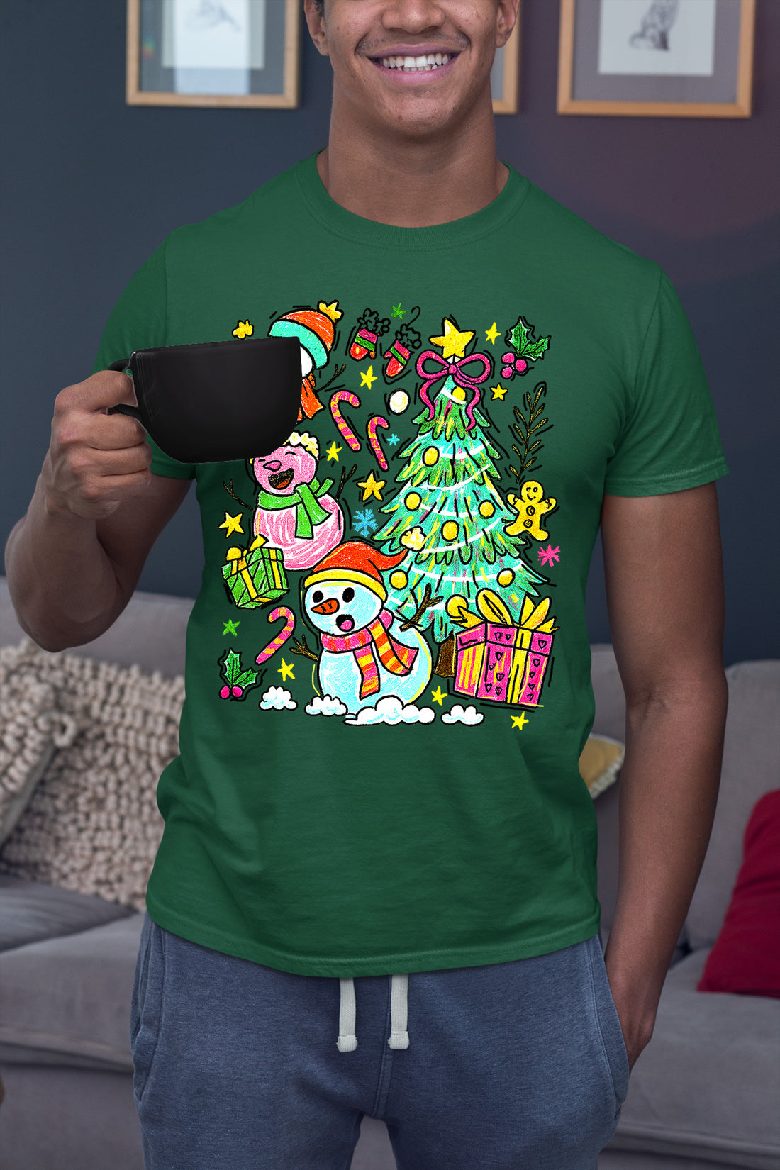 Christmas Line Drawing - Minimalist Holiday Sketch, Festive Snow Scene, Clean Black Ink Line Art for Gifts & Home T-Shirt