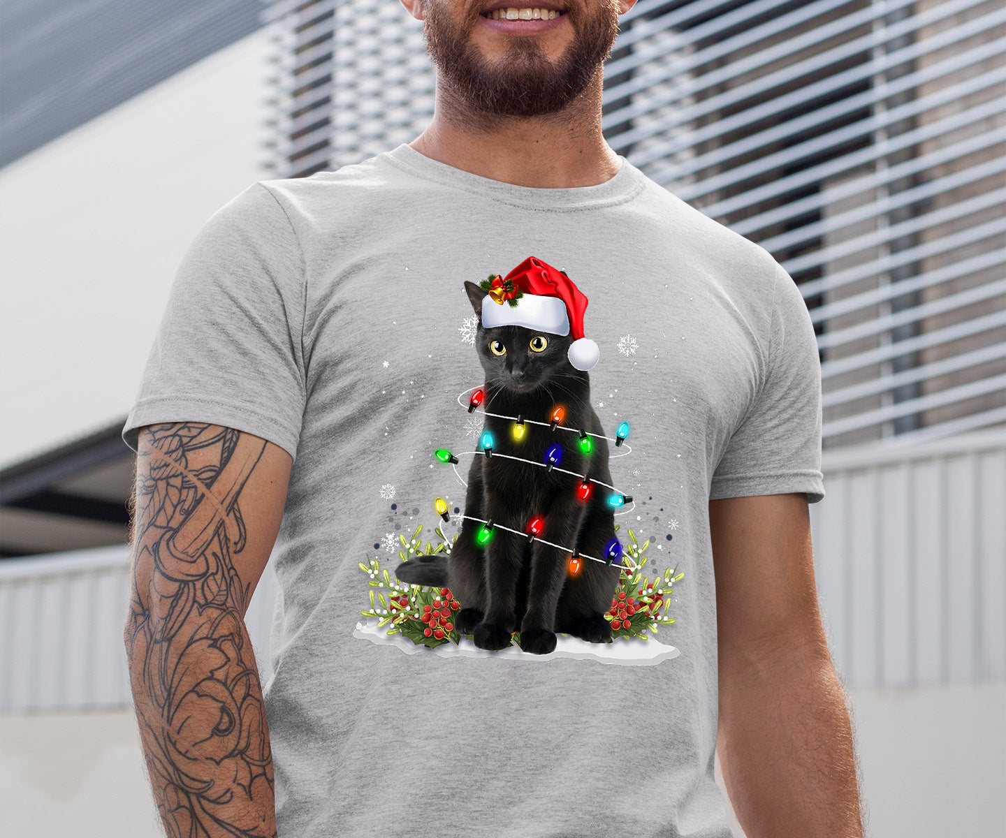 Christmas Cat Wrapped in Lights - Cute Festive Kitty in Holiday Glow, Perfect Gift for Cat Lovers, Cozy Seasonal Charm T-Shirt