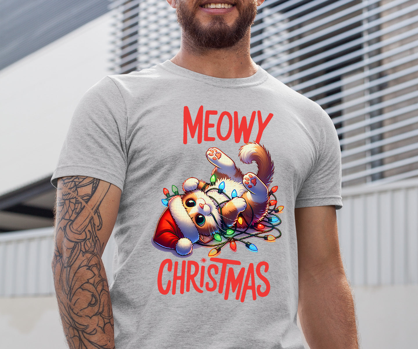 Meowy Christmas Cat Illustration, Festive Holiday Poster for Cat Lovers, Cozy Seasonal Gift, Cute Feline Artwork T-Shirt