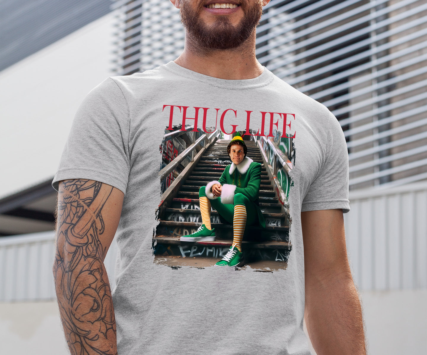 Thug Life Elf on the Streets | Christmas Humor, Naughty Elf Vibe, Festive Season Style, Holiday Laughs Gift Idea T-Shirt