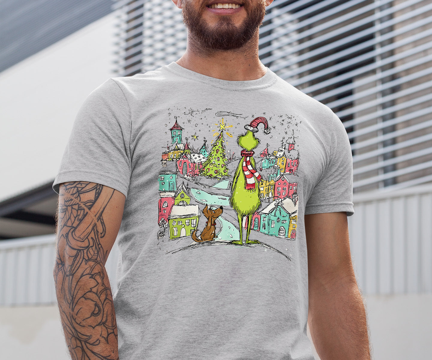 Line Drawing Christmas Illustration - Minimalist Holiday Scene, Nordic Christmas Art, Cozy Winter Gift T-Shirt