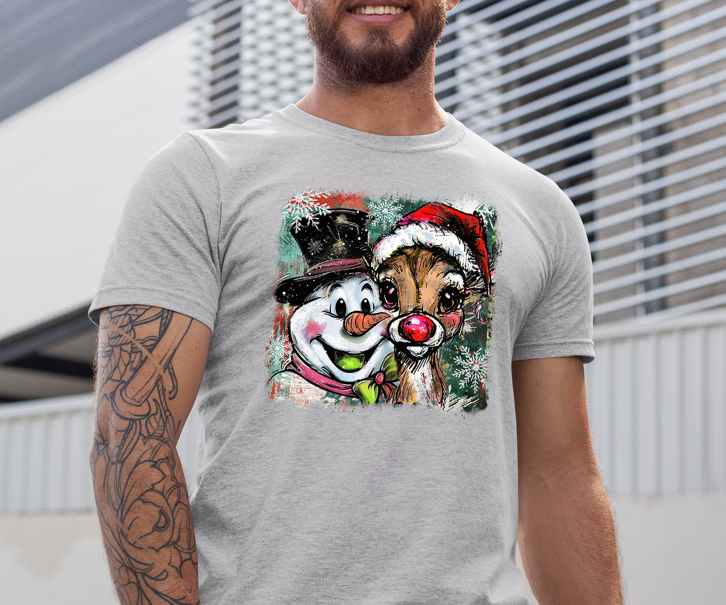 Christmas Raindeer with Snowman Scene, Cozy Winter Holiday Craft, Handmade Seasonal Gift Idea T-Shirt
