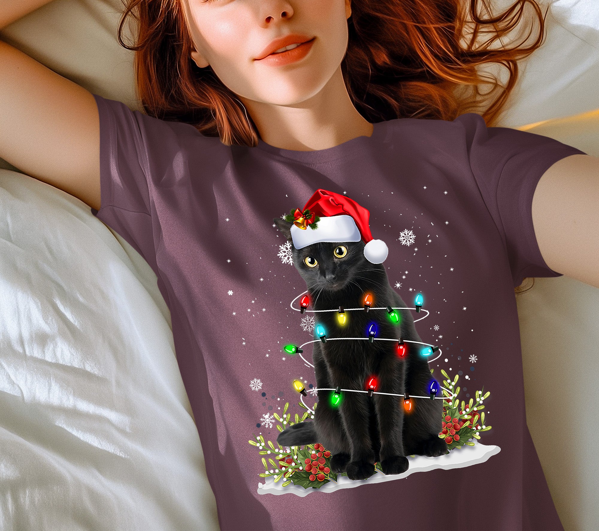 Christmas Cat Wrapped in Lights - Cute Festive Kitty in Holiday Glow, Perfect Gift for Cat Lovers, Cozy Seasonal Charm T-Shirt