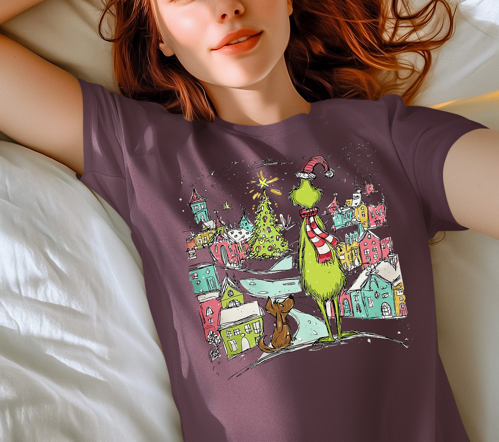 Line Drawing Christmas Illustration - Minimalist Holiday Scene, Nordic Christmas Art, Cozy Winter Gift T-Shirt