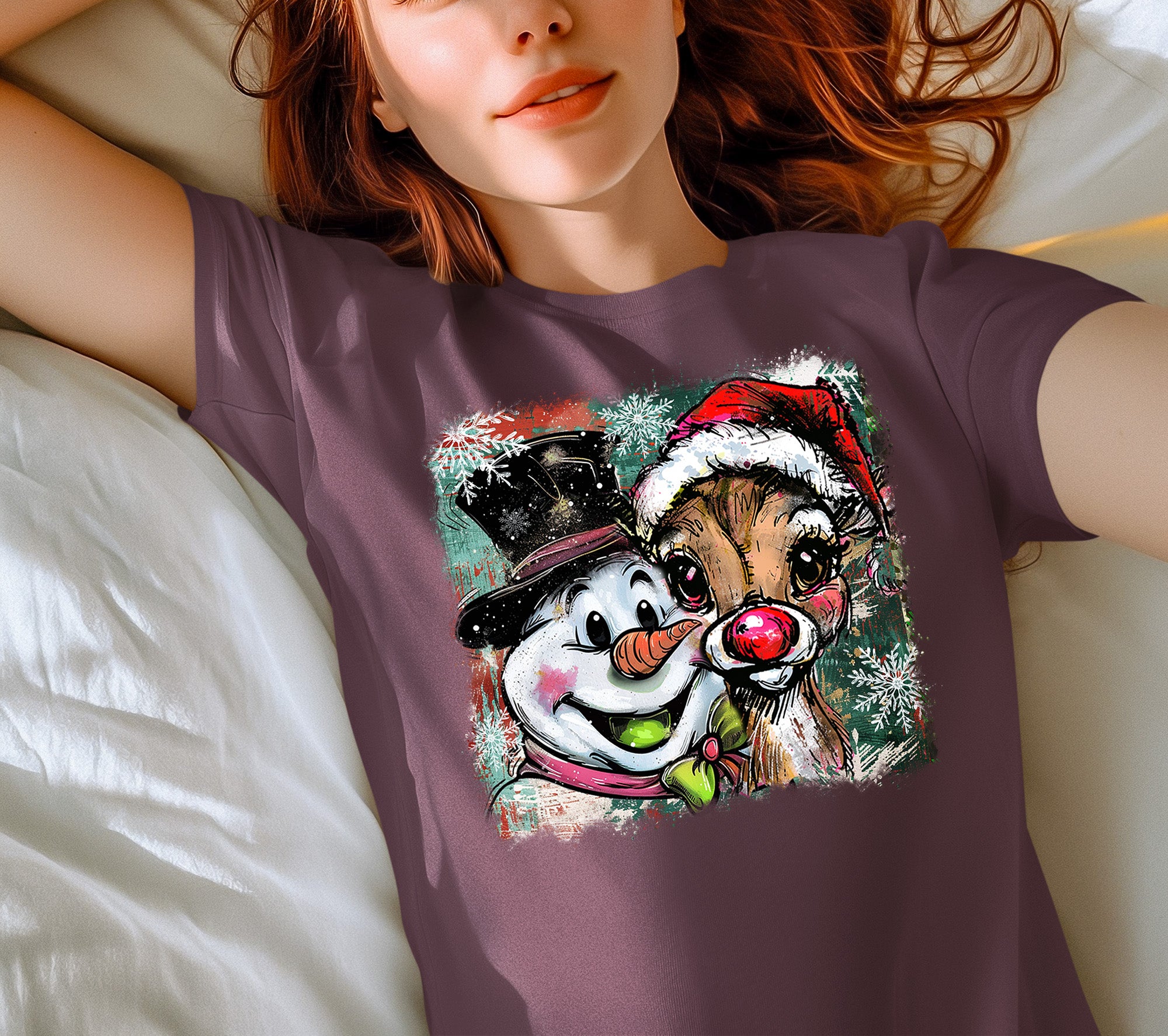 Christmas Raindeer with Snowman Scene, Cozy Winter Holiday Craft, Handmade Seasonal Gift Idea T-Shirt
