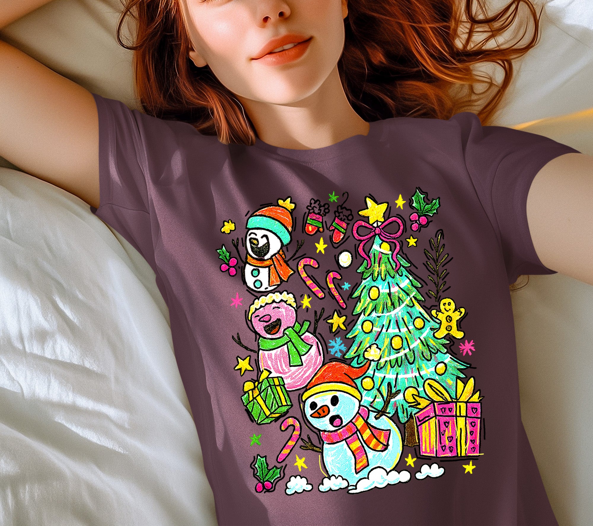 Christmas Line Drawing - Minimalist Holiday Sketch, Festive Snow Scene, Clean Black Ink Line Art for Gifts & Home T-Shirt