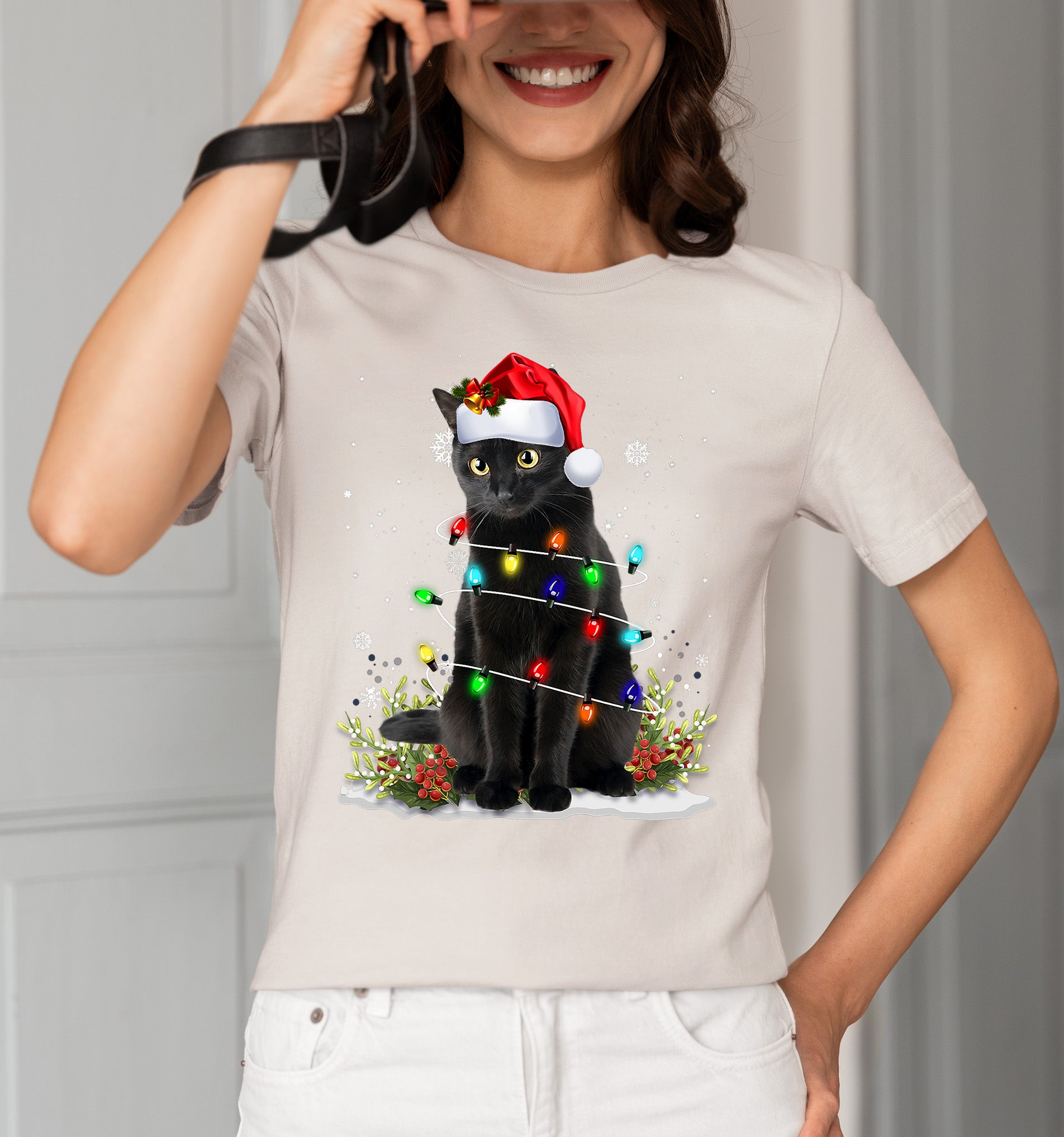 Christmas Cat Wrapped in Lights - Cute Festive Kitty in Holiday Glow, Perfect Gift for Cat Lovers, Cozy Seasonal Charm T-Shirt