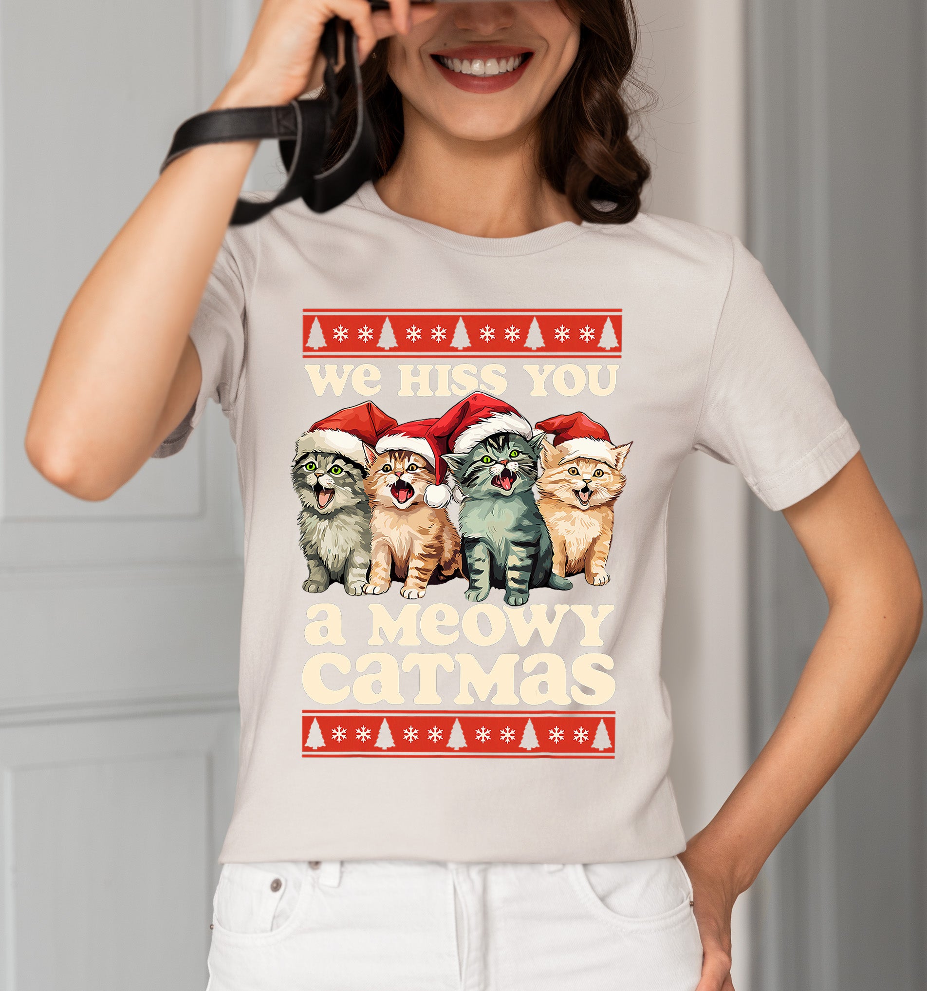 We Wish You a Meowy Christmas – Festive Cat Holiday Greeting for Season's Cheer, Cute Feline Themed Artwork T-Shirt