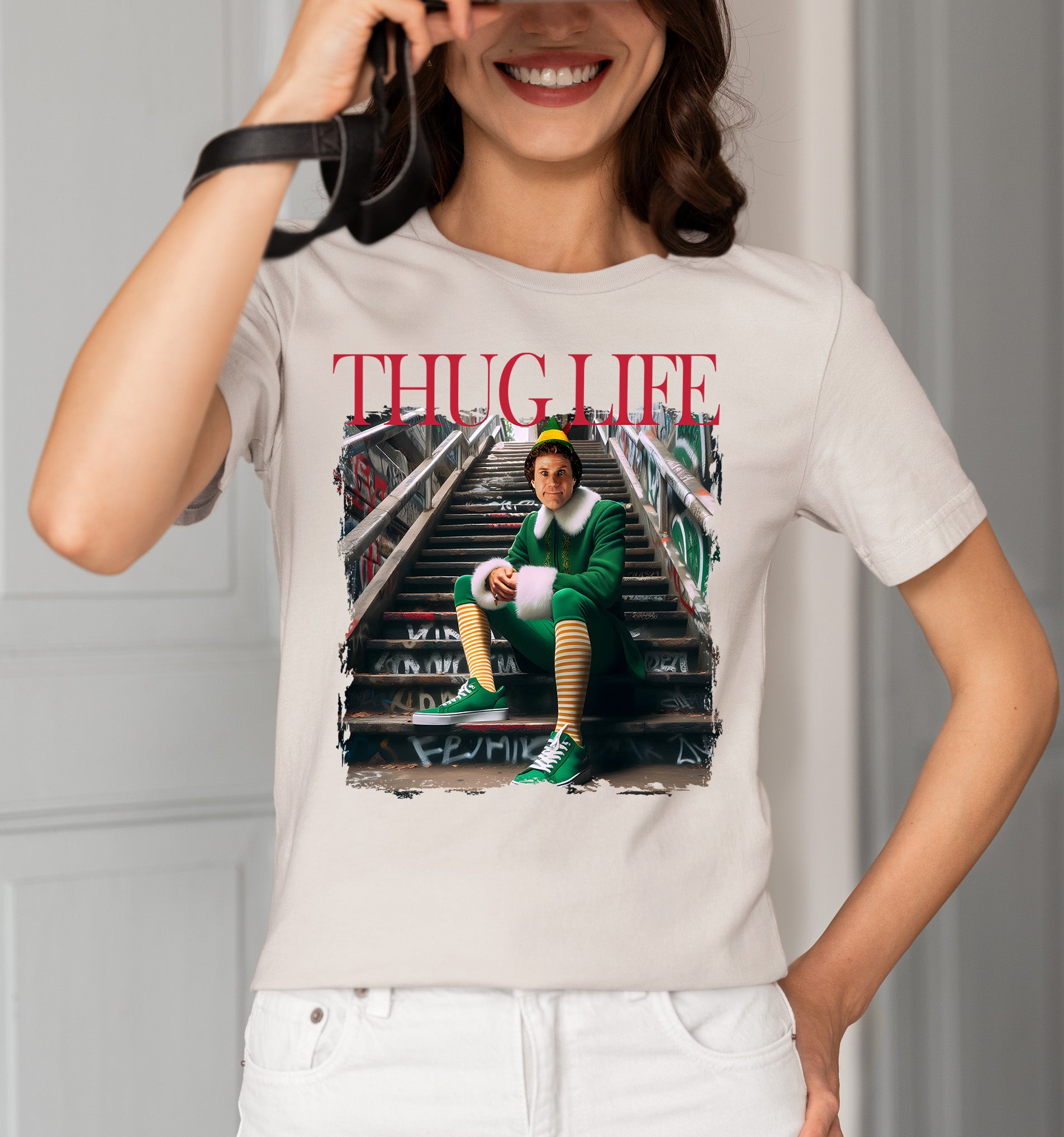 Thug Life Elf on the Streets | Christmas Humor, Naughty Elf Vibe, Festive Season Style, Holiday Laughs Gift Idea T-Shirt