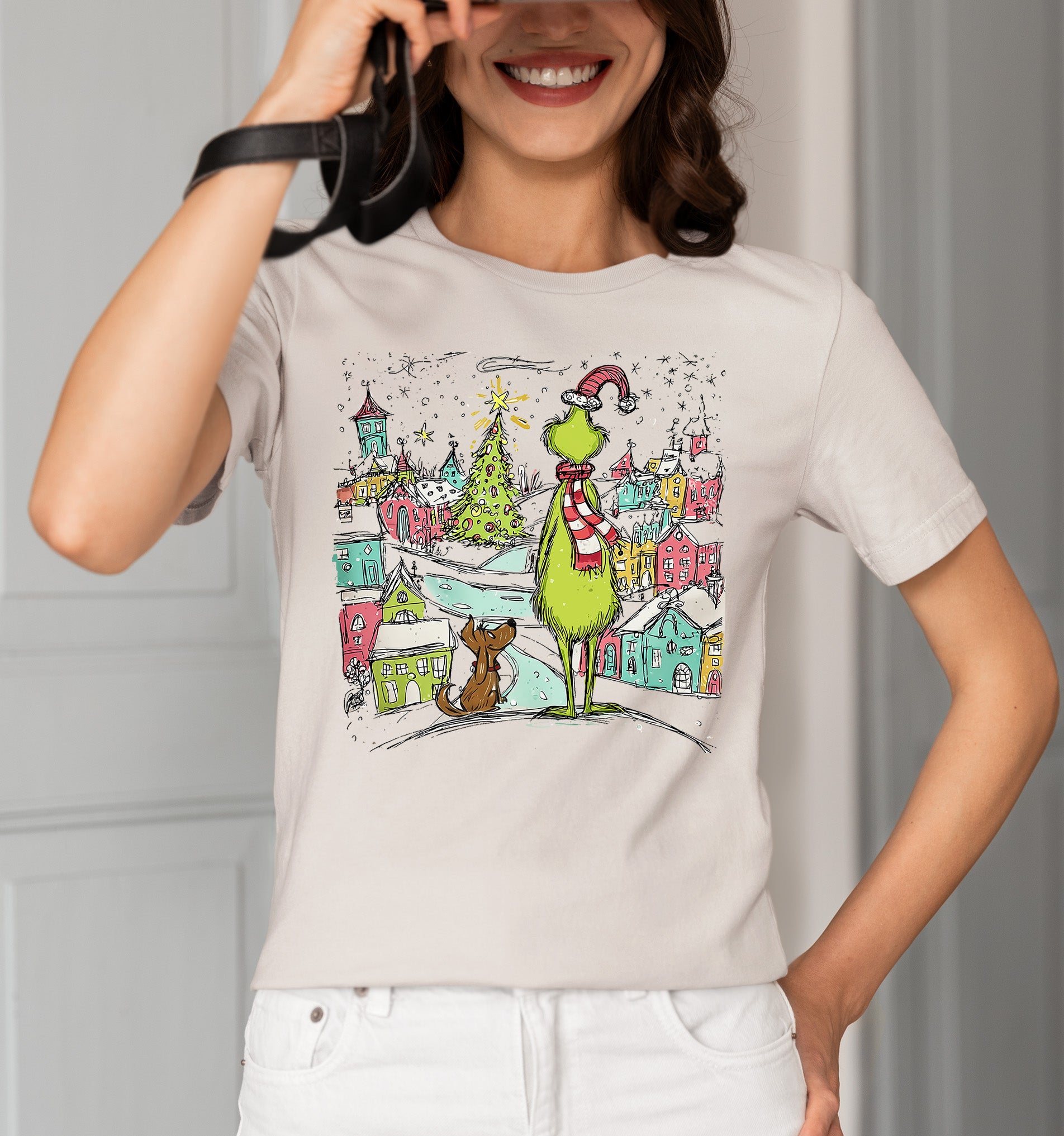Line Drawing Christmas Illustration - Minimalist Holiday Scene, Nordic Christmas Art, Cozy Winter Gift T-Shirt