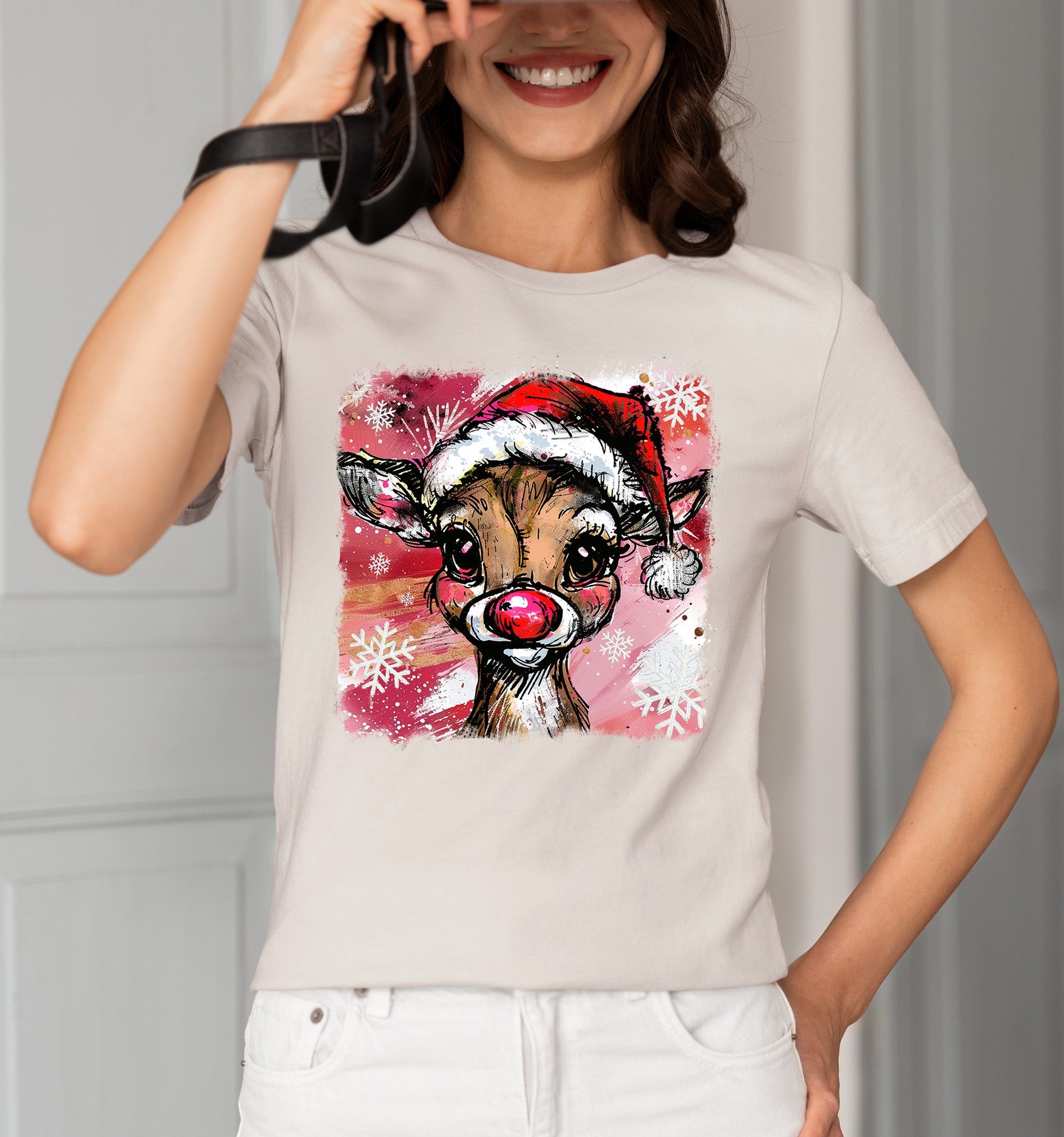 Christmas Reindeer with Hat - Festive Holiday Gift Idea, Handcrafted Seasonal Charm T-Shirt