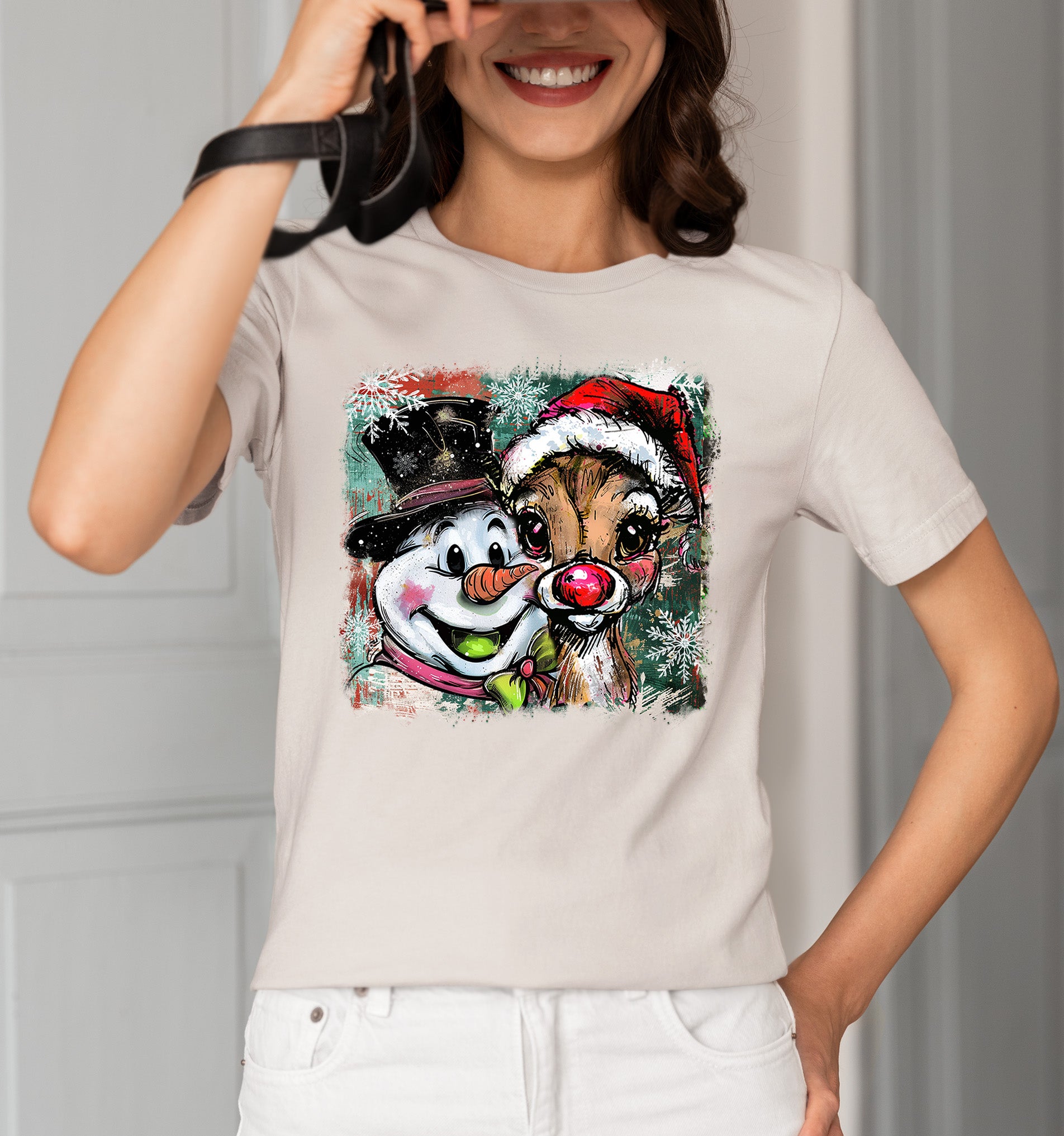 Christmas Raindeer with Snowman Scene, Cozy Winter Holiday Craft, Handmade Seasonal Gift Idea T-Shirt