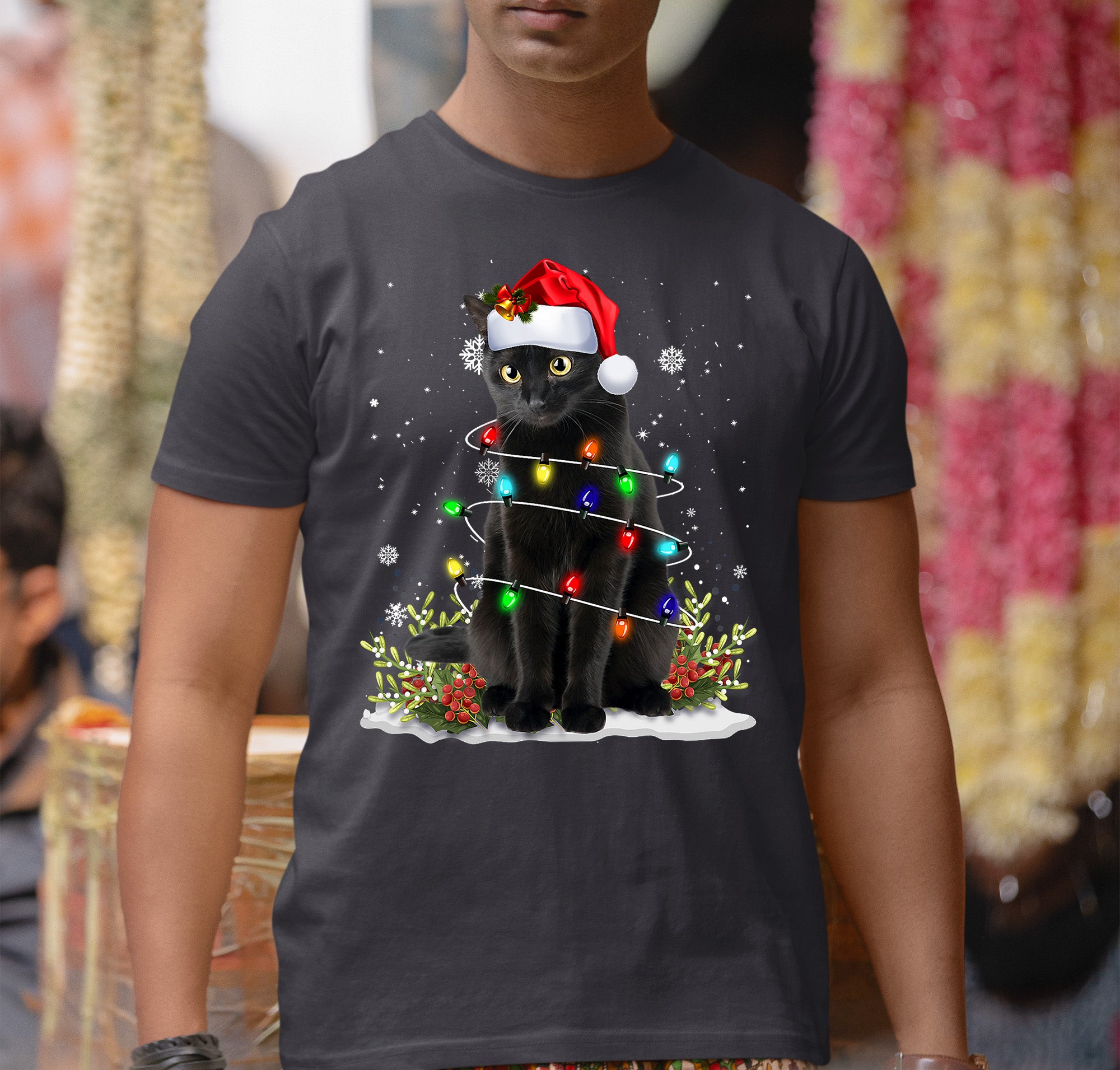 Christmas Cat Wrapped in Lights - Cute Festive Kitty in Holiday Glow, Perfect Gift for Cat Lovers, Cozy Seasonal Charm T-Shirt