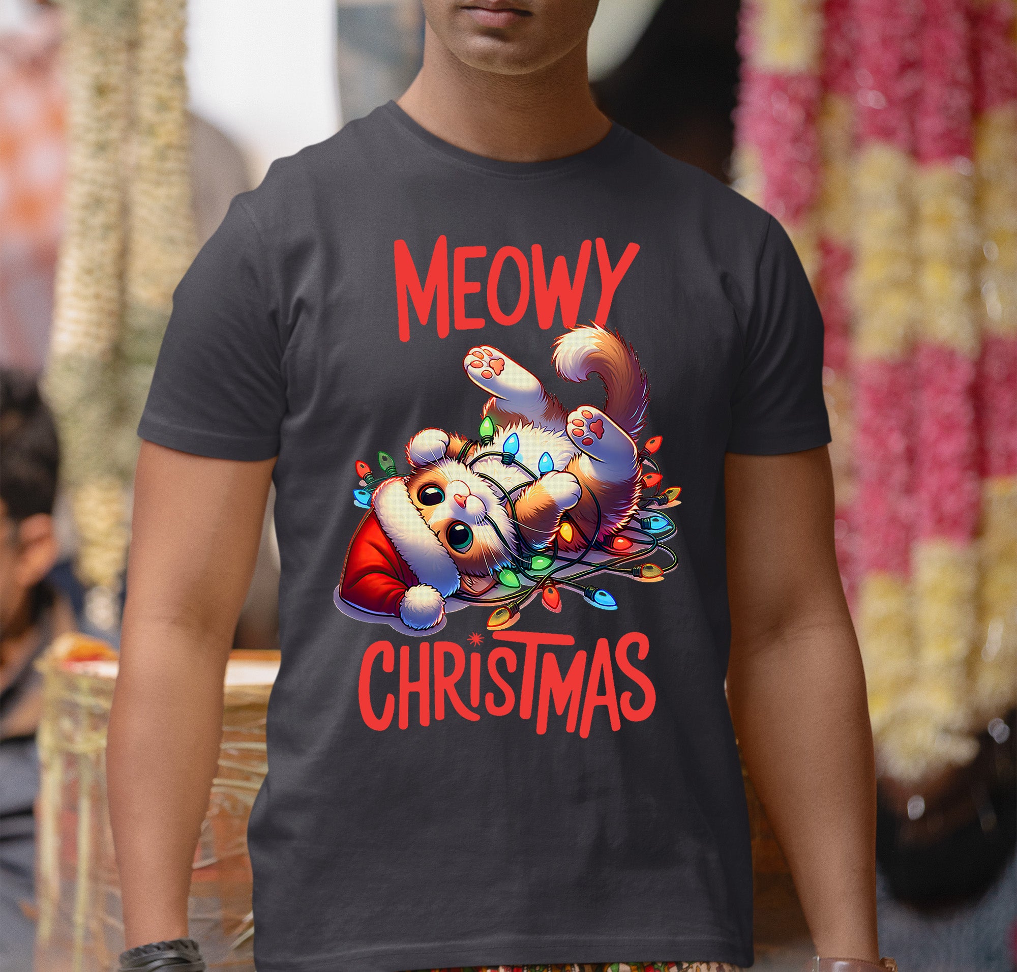 Meowy Christmas Cat Illustration, Festive Holiday Poster for Cat Lovers, Cozy Seasonal Gift, Cute Feline Artwork T-Shirt