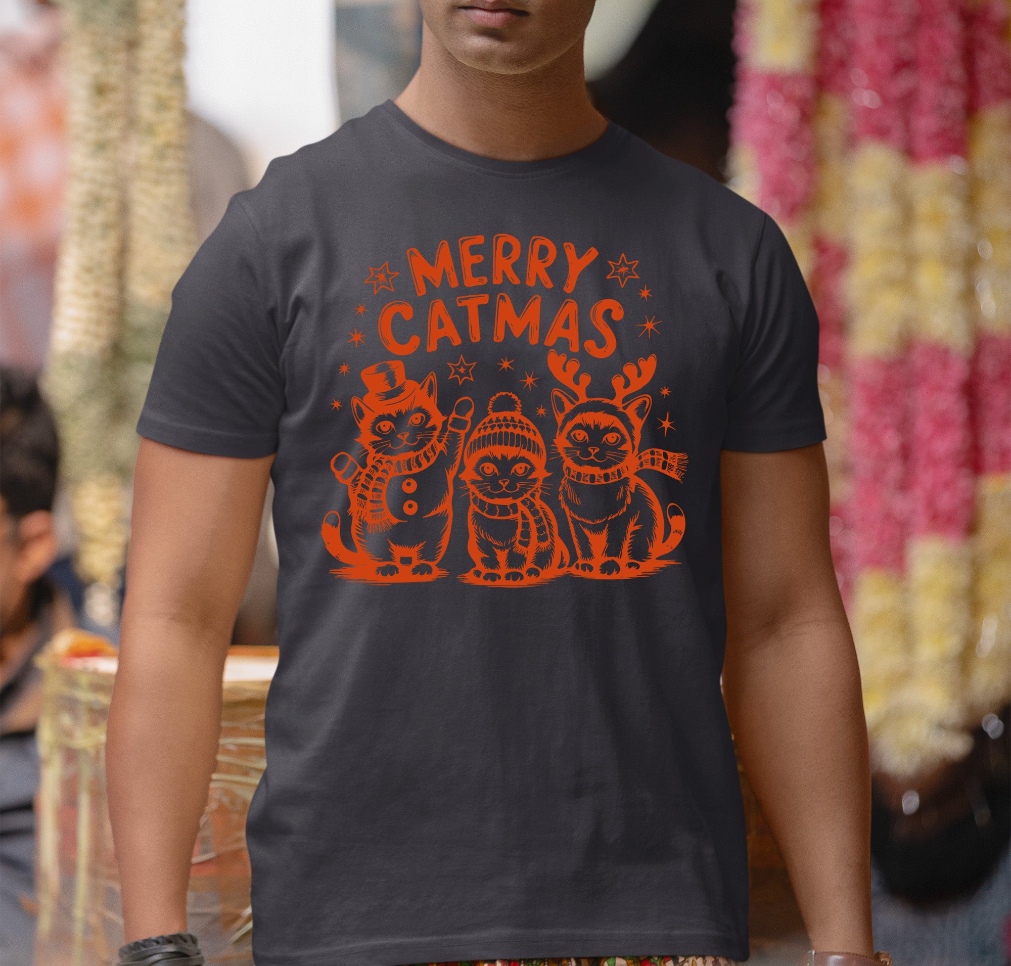 Merry Catmas Christmas Cat Art - Festive Holiday Gift for Cat Lovers - Whimsical Feline Artwork T-Shirt