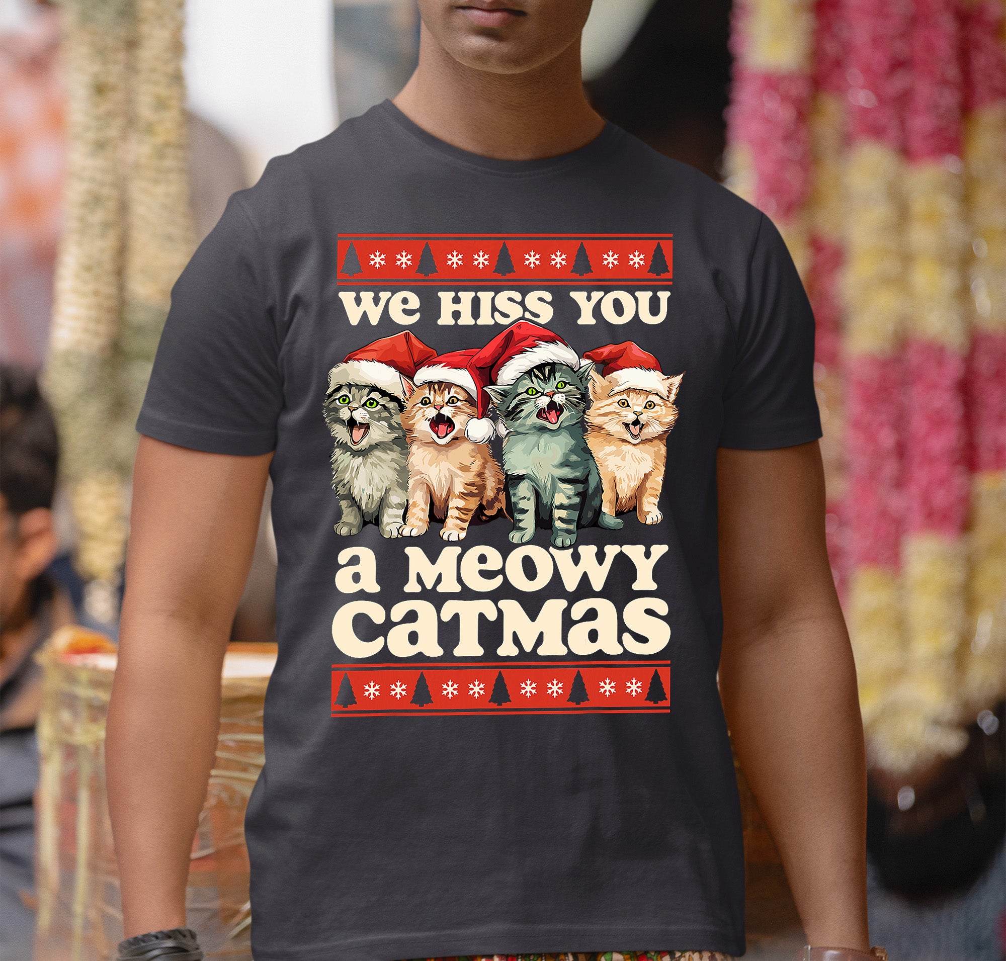 We Wish You a Meowy Christmas – Festive Cat Holiday Greeting for Season's Cheer, Cute Feline Themed Artwork T-Shirt