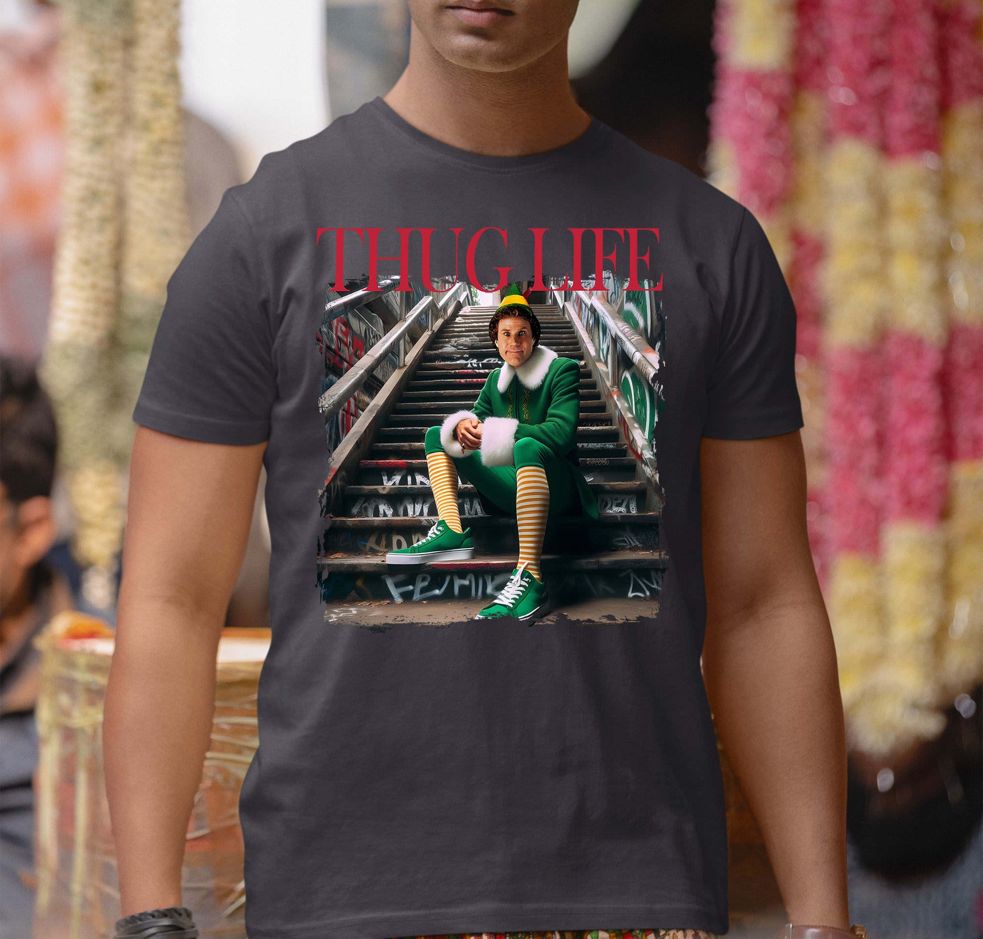 Thug Life Elf on the Streets | Christmas Humor, Naughty Elf Vibe, Festive Season Style, Holiday Laughs Gift Idea T-Shirt