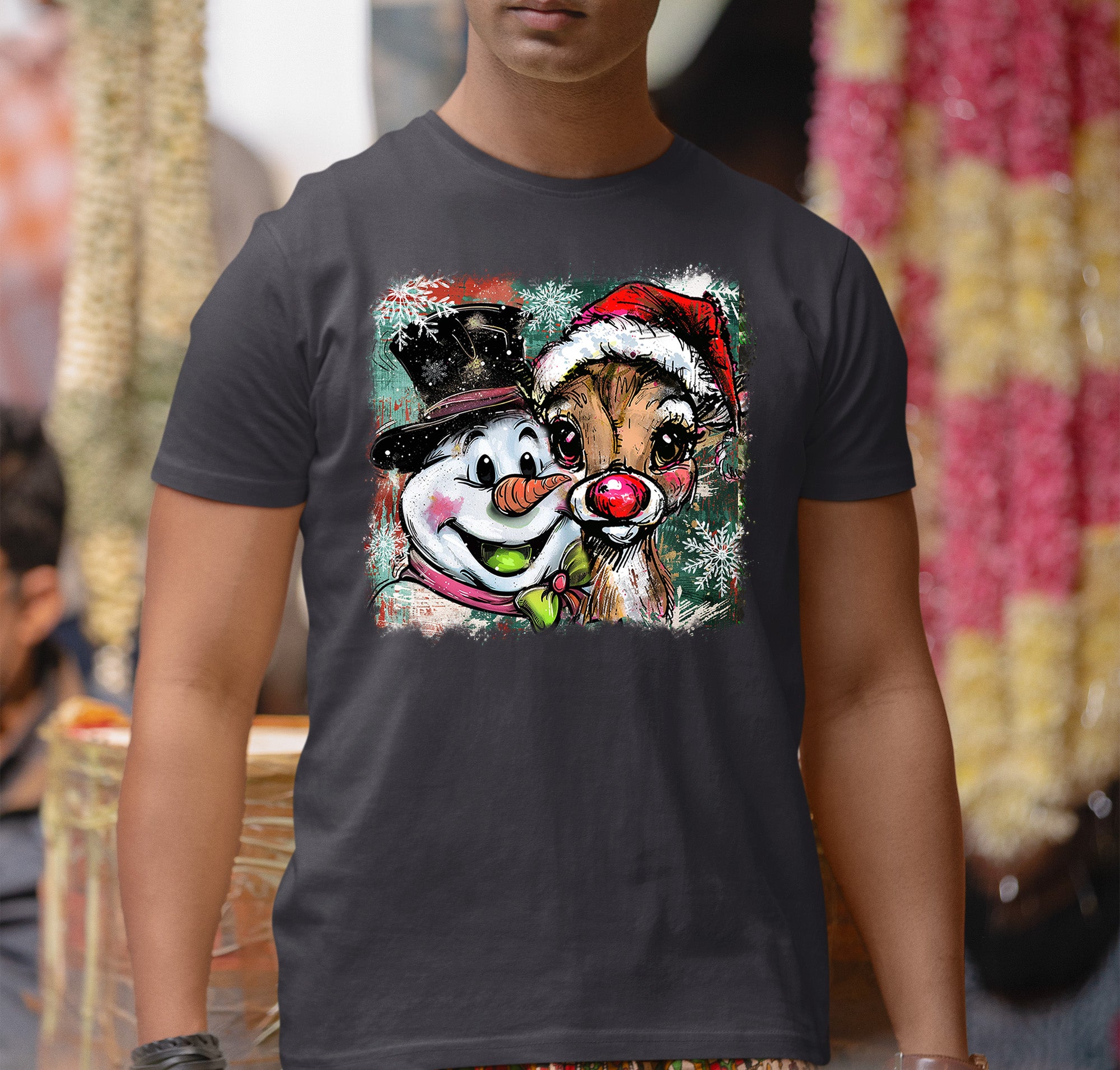 Christmas Raindeer with Snowman Scene, Cozy Winter Holiday Craft, Handmade Seasonal Gift Idea T-Shirt