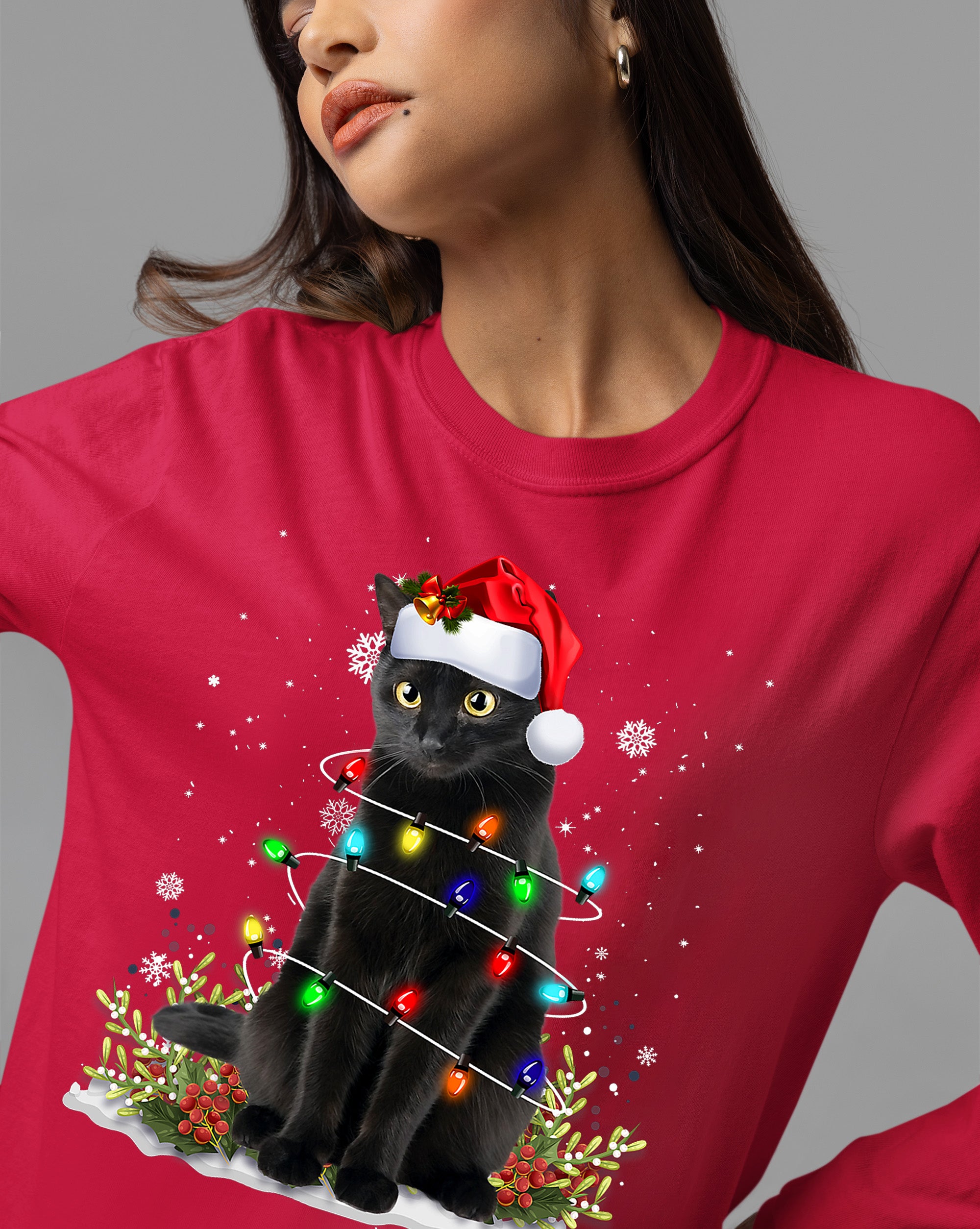 Christmas Cat Wrapped in Lights - Cute Festive Kitty in Holiday Glow, Perfect Gift for Cat Lovers, Cozy Seasonal Charm T-Shirt