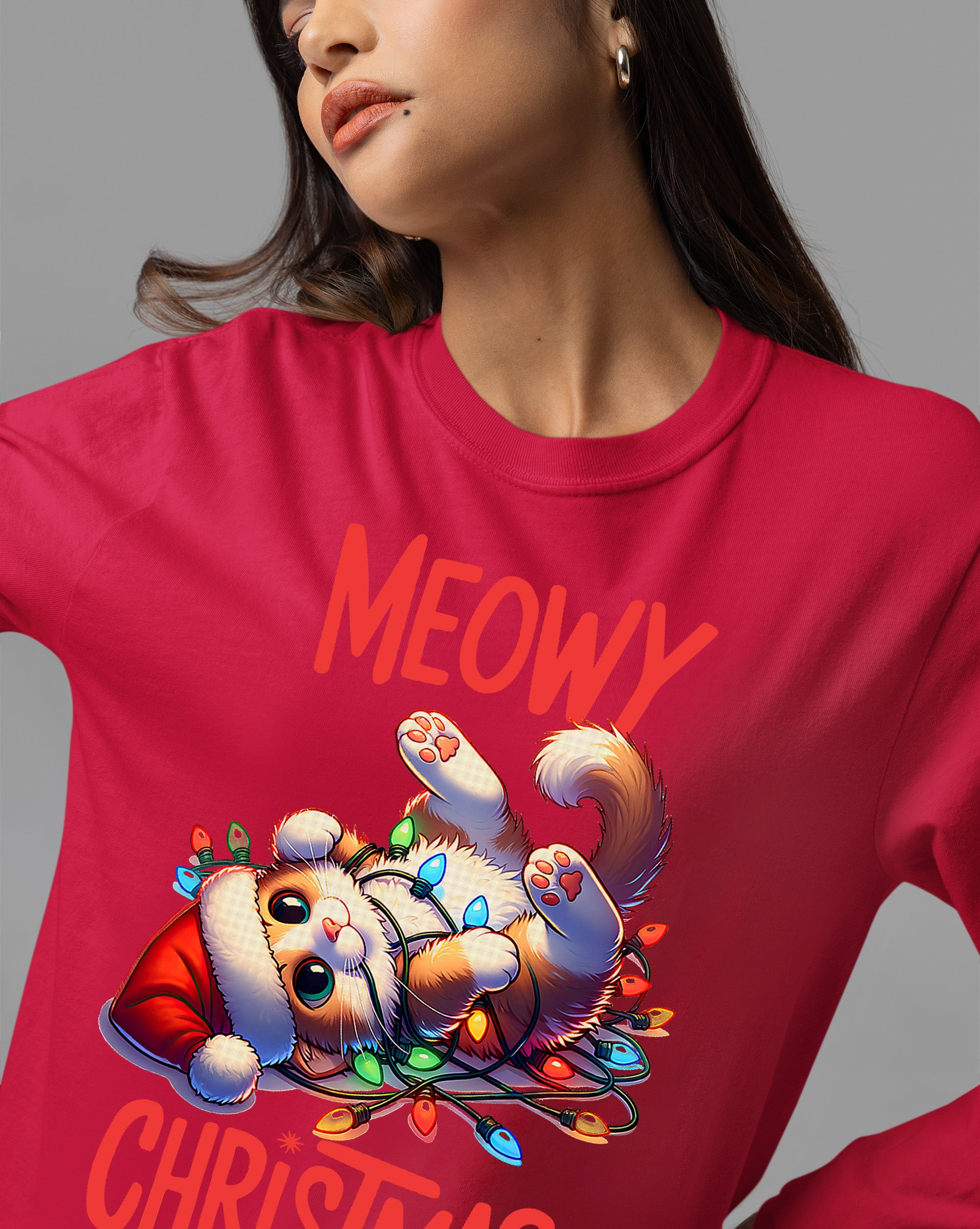 Meowy Christmas Cat Illustration, Festive Holiday Poster for Cat Lovers, Cozy Seasonal Gift, Cute Feline Artwork T-Shirt