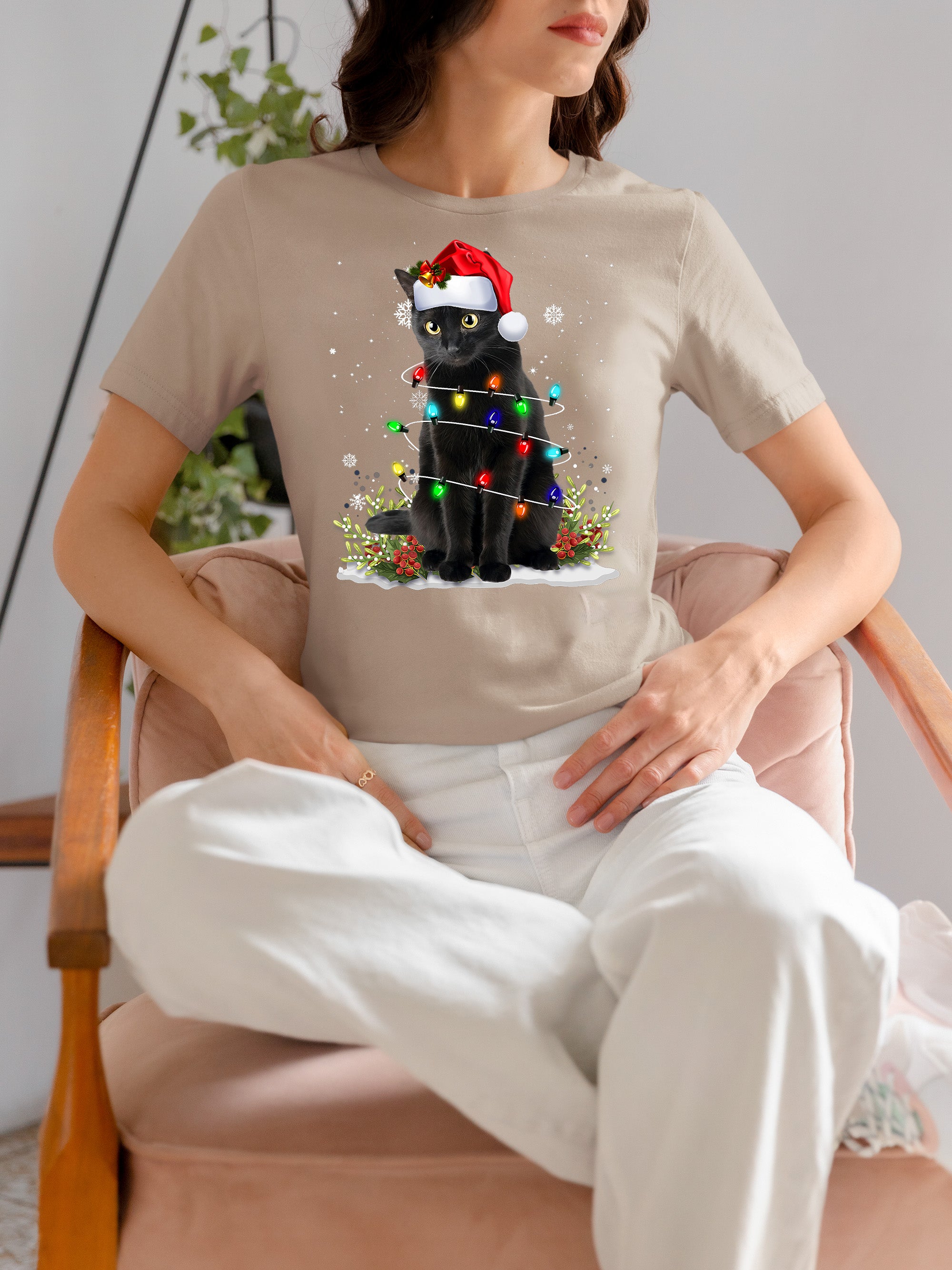 Christmas Cat Wrapped in Lights - Cute Festive Kitty in Holiday Glow, Perfect Gift for Cat Lovers, Cozy Seasonal Charm T-Shirt