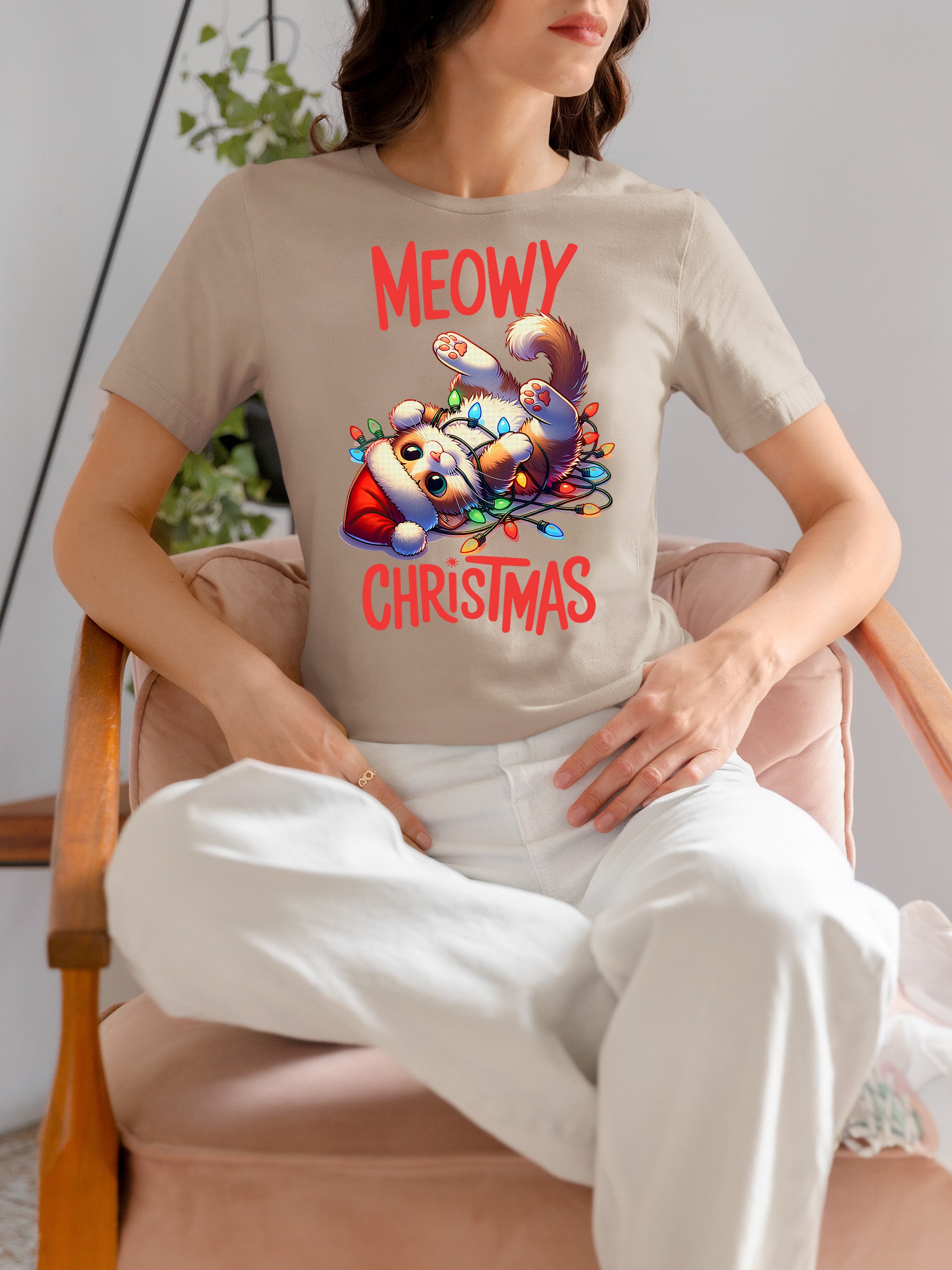 Meowy Christmas Cat Illustration, Festive Holiday Poster for Cat Lovers, Cozy Seasonal Gift, Cute Feline Artwork T-Shirt