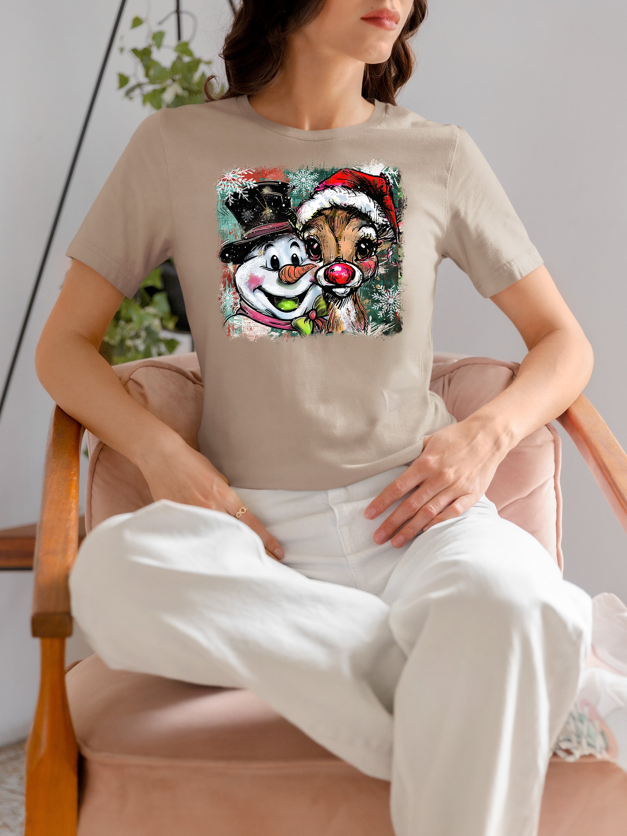 Christmas Raindeer with Snowman Scene, Cozy Winter Holiday Craft, Handmade Seasonal Gift Idea T-Shirt