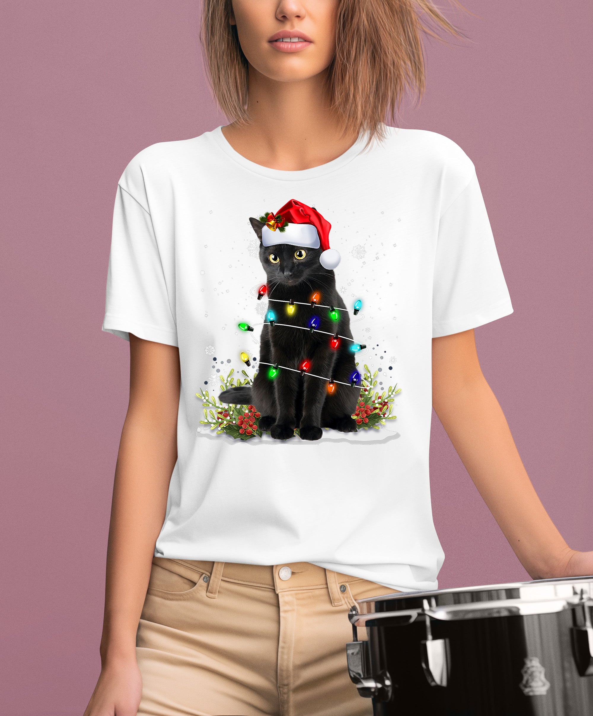 Christmas Cat Wrapped in Lights - Cute Festive Kitty in Holiday Glow, Perfect Gift for Cat Lovers, Cozy Seasonal Charm T-Shirt