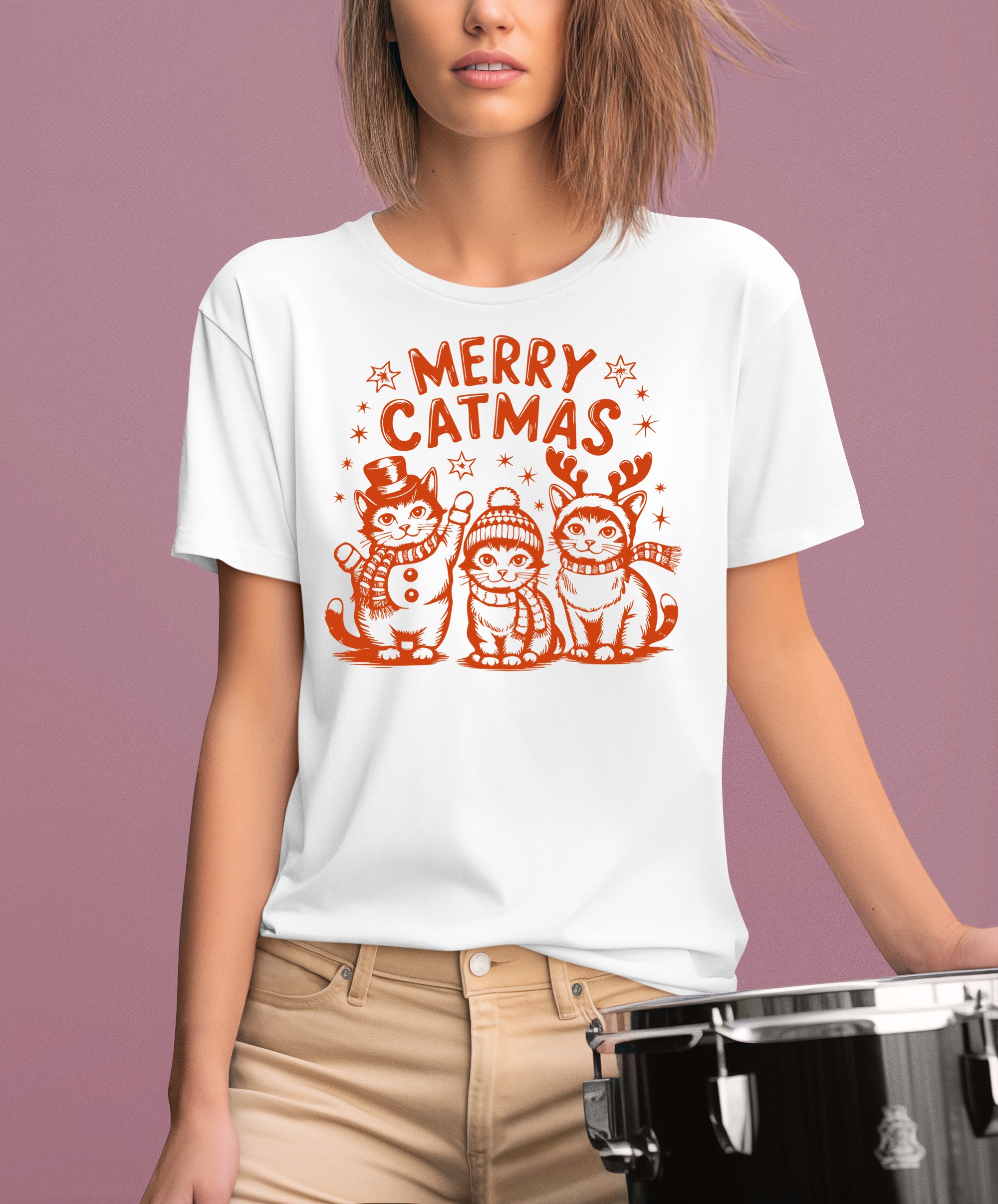 Merry Catmas Christmas Cat Art - Festive Holiday Gift for Cat Lovers - Whimsical Feline Artwork T-Shirt