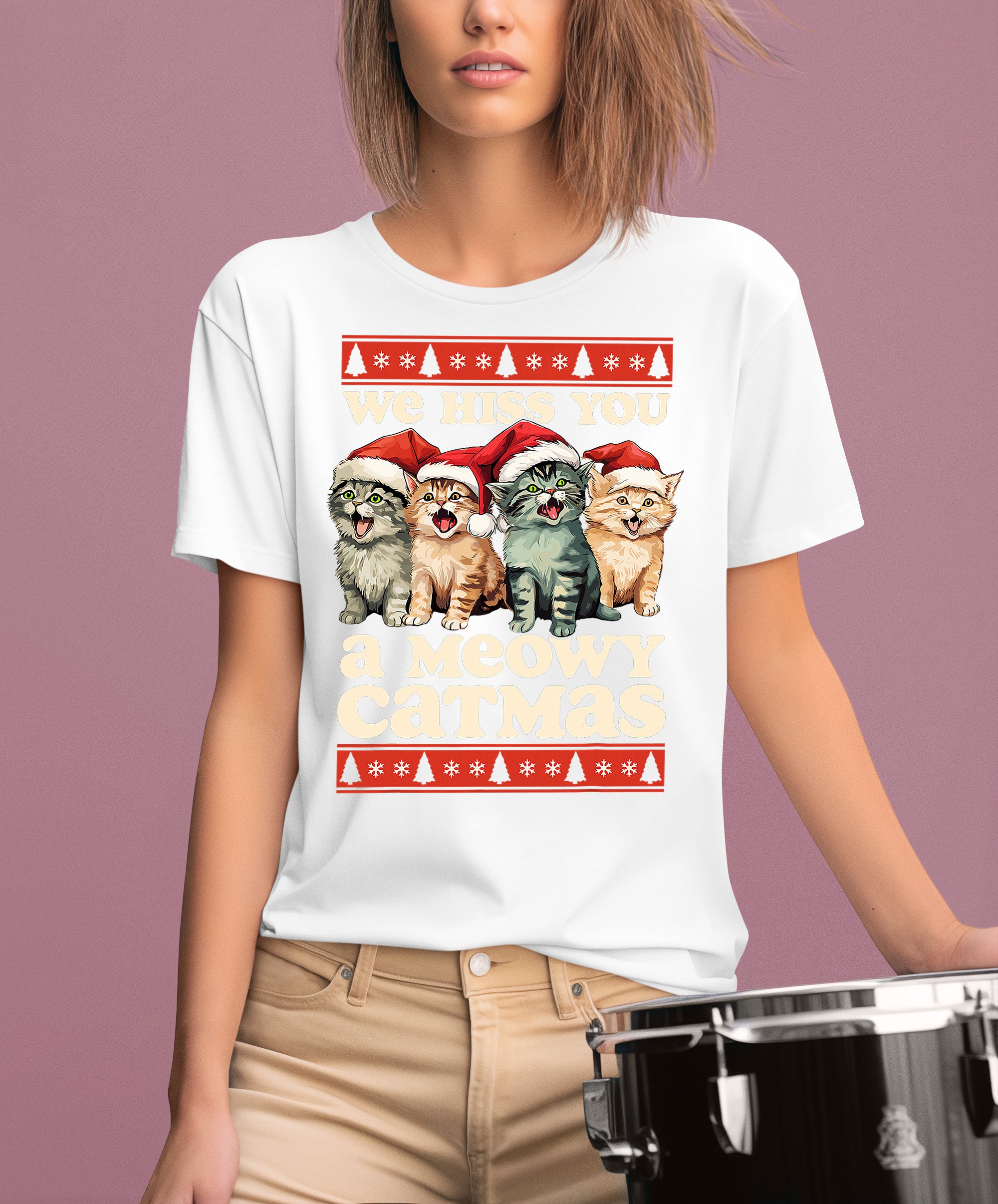 We Wish You a Meowy Christmas – Festive Cat Holiday Greeting for Season's Cheer, Cute Feline Themed Artwork T-Shirt