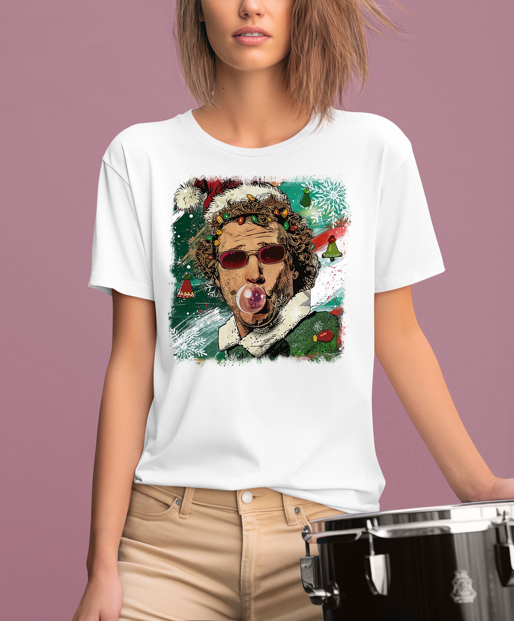 Christmas Elf Bubblegum Artwork, Whimsical Holiday Elf Art with Bubblegum, Festive Fantasy Illustration Gift Idea T-Shirt