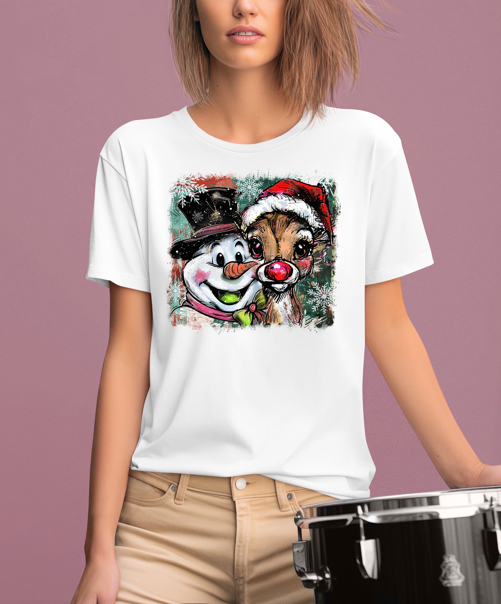 Christmas Raindeer with Snowman Scene, Cozy Winter Holiday Craft, Handmade Seasonal Gift Idea T-Shirt